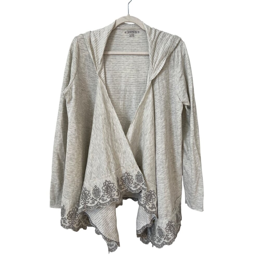 Stetson Hooded Open Front Cardigan Women XL Striped Floral Embroidered Boho NEW